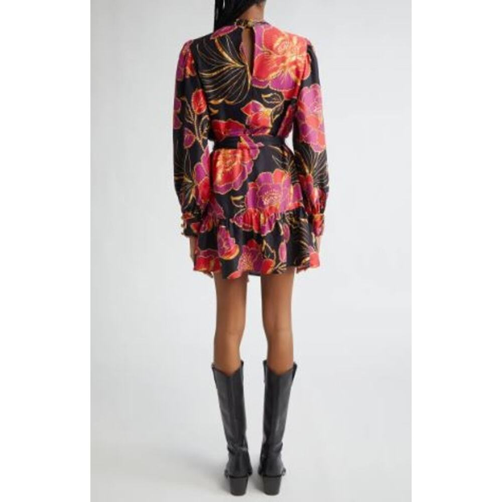 Farm Rio Shiny Chita Floral Print Long Sleeve Minidress Tiered Black Size Small - Picture 3 of 9